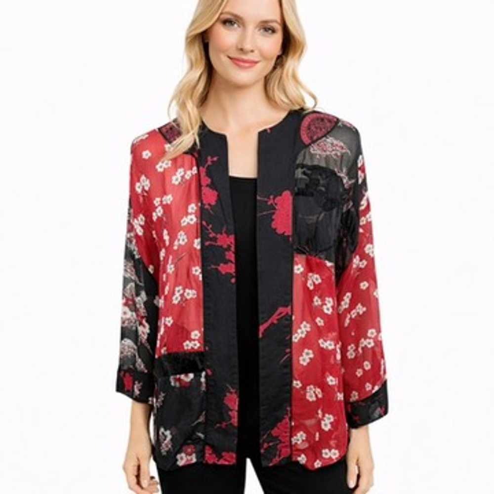 Chicos Open Cardigan Topper Velvet Burnout Silk Asian Floral Kimono Size 2 = L